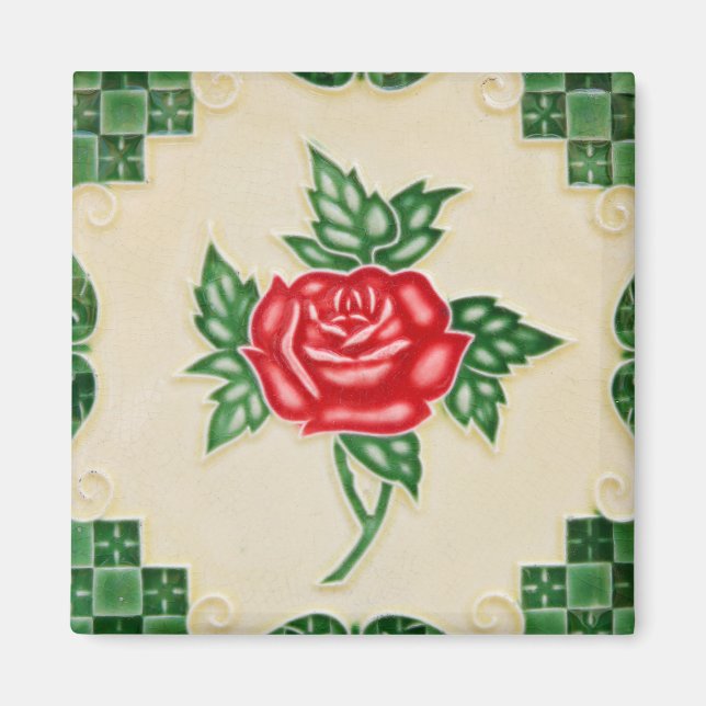 Green Leaves Red Petals Rose Flower Kitchen Magnet (Front)
