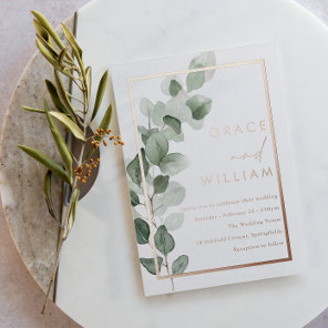 Green Leaves Rose Gold Foil Border Wedding Invitation