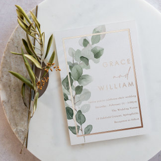 Green Leaves Rose Gold Foil Border Wedding Invitation