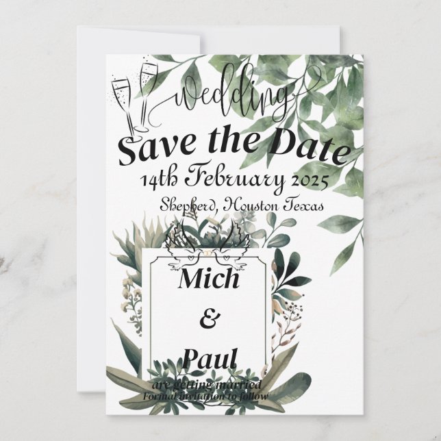 Green Leaves Save the Date with Elegant White Back Invitation (Front)