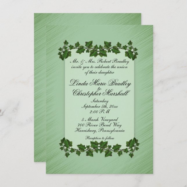 Green Leaves Shimmer Wedding Invitation (Front/Back)