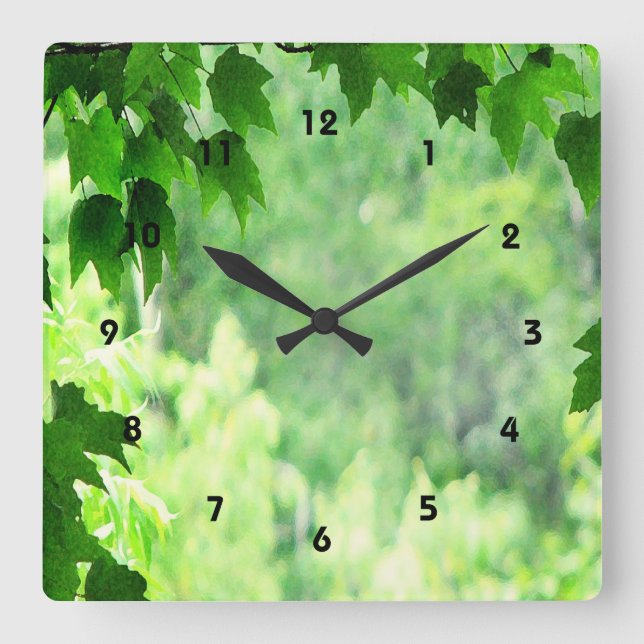 Green Leaves Square Wall Clock (Front)
