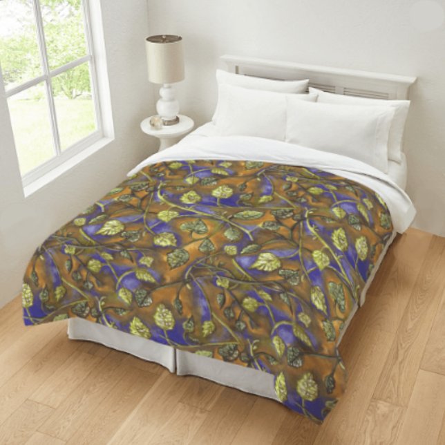 Green Leaves Stems From Raspberry Bush Blue Gold Duvet Cover (Creator Uploaded)
