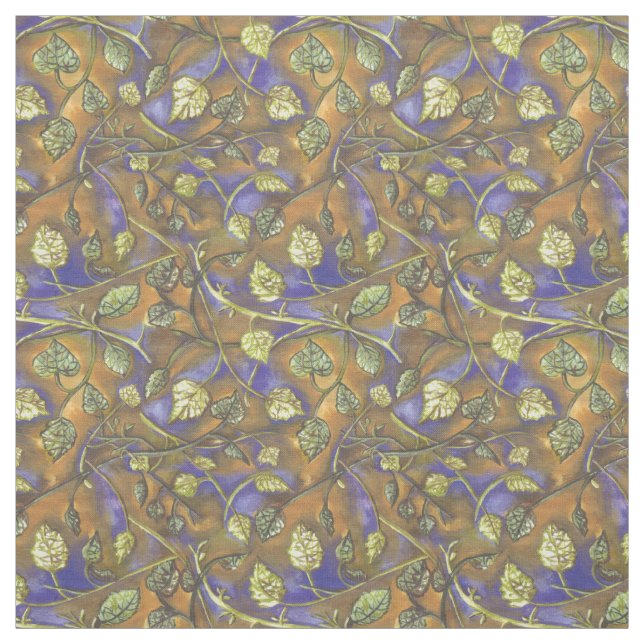 Green Leaves Stems From Raspberry Bush Blue Gold Fabric (Swatch)