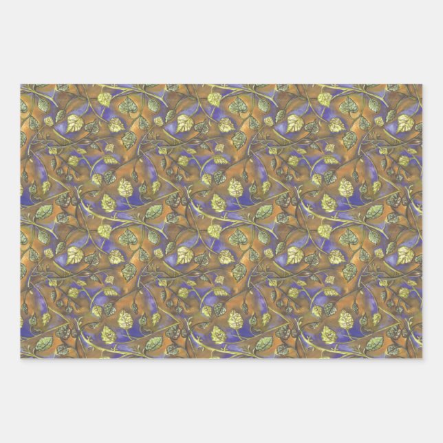 Green Leaves Stems From Raspberry Bush Blue Gold Wrapping Paper Sheets (Front)