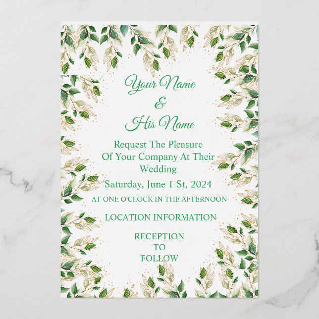 Green Leaves Thunder_Cove Foil Invitation (Front)