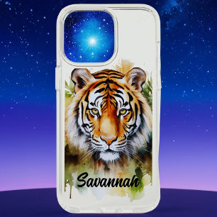 Green Leaves Tiger Watercolor Wildlife iPhone 15 Pro Max Case