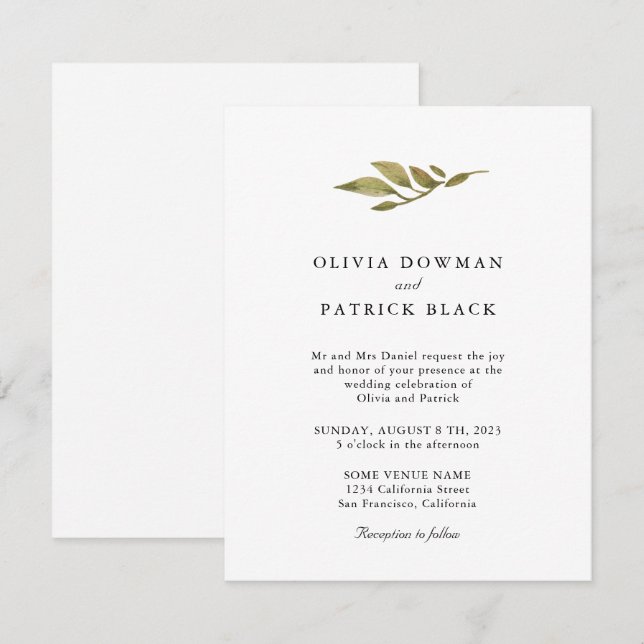 Green leaves typography classic simple Wedding Invitation (Front/Back)