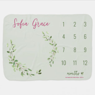 Green Leaves Watercolor Baby girl month milestone  Blanket