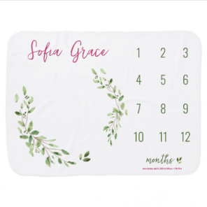 Green Leaves Watercolor Baby girl white milestone Blanket