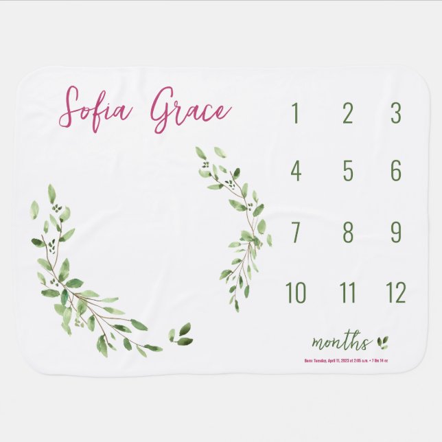 Green Leaves Watercolor Baby girl white milestone  Blanket (Horizontal)