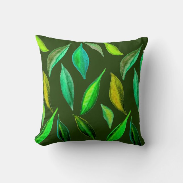 Green Leaves watercolor environmental Throw Pillow (Front)