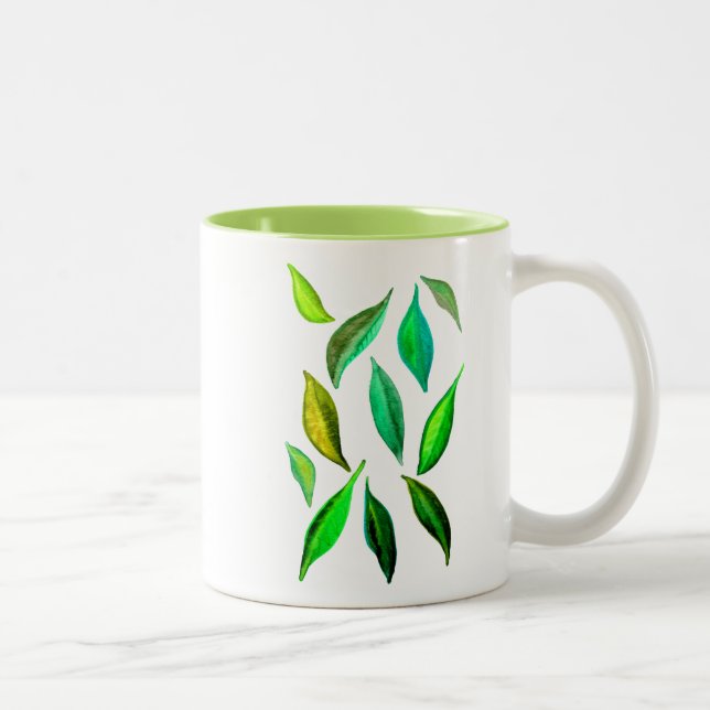 Green Leaves watercolor environmental Two-Tone Coffee Mug (Right)