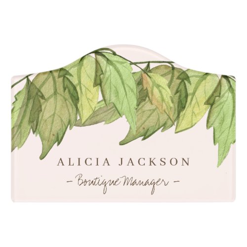 Green leaves watercolor foliage boutique manager door sign