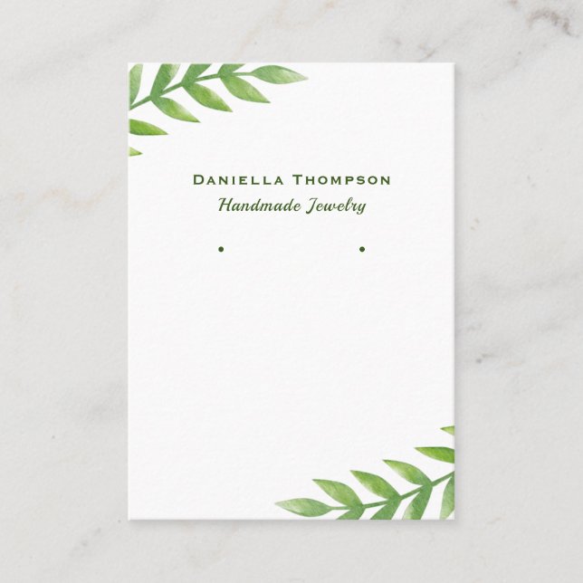 Green Leaves Watercolor Jewelry Earring Display Business Card (Front)