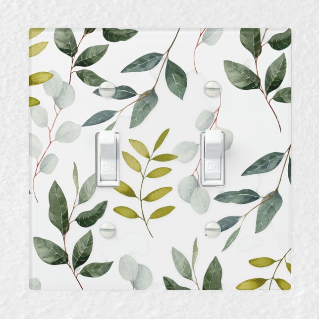 Green Leaves Watercolor Pattern Light Switch Cover (In situ on wall)
