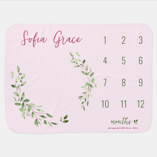 Green Leaves Watercolor Pink Baby girl milestone  Blanket (Horizontal)
