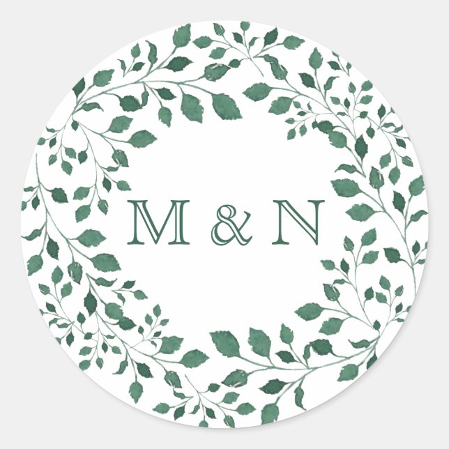 Green Leaves Watercolor Wreath Monogram Classic Round Sticker (Front)