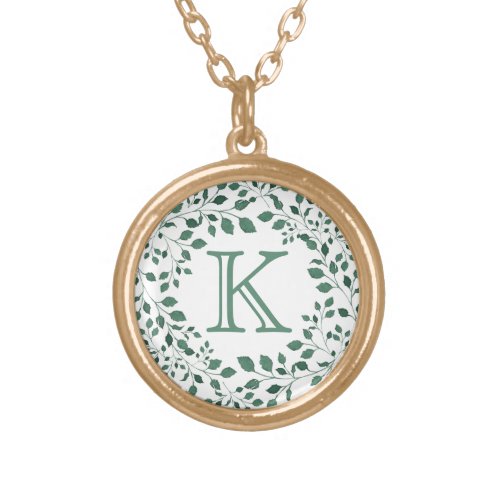 Green leaves watercolor wreath  Monogram Gold Plated Necklace