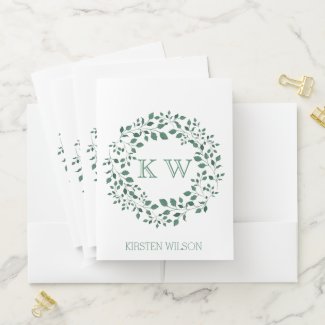 Green leaves watercolor wreath | Monogram Pocket Folder