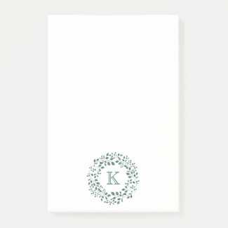 Green leaves watercolor wreath | Monogram Post-it Notes