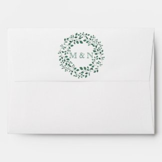 Green leaves watercolor wreath | Monogram Wedding Envelope