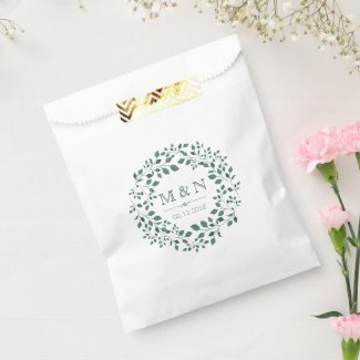 Green leaves watercolor wreath | Monogram Wedding Favor Bag