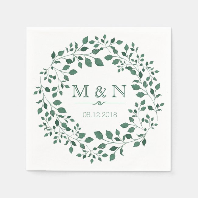 Green leaves watercolor wreath | Monogram Wedding
