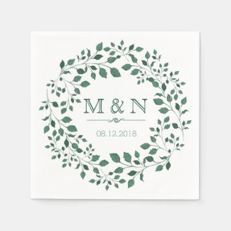 Green leaves watercolor wreath | Monogram Wedding Napkins
