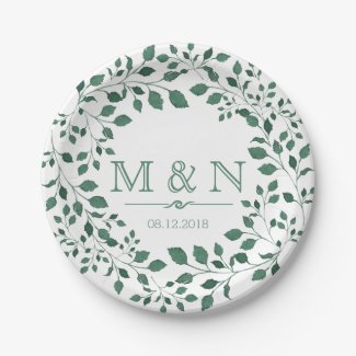 Green leaves watercolor wreath | Monogram Wedding Paper Plates