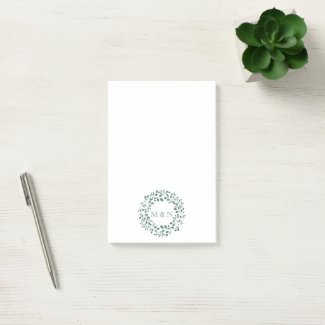 Green leaves watercolor wreath | Monogram Wedding Post-it Notes