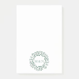 Green leaves watercolor wreath | Monogram Wedding Post-it Notes