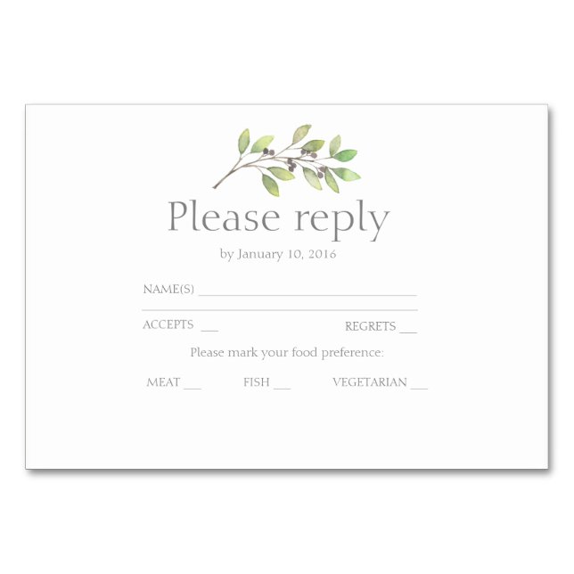 Green leaves wedding invitation rsvp table number (Front)