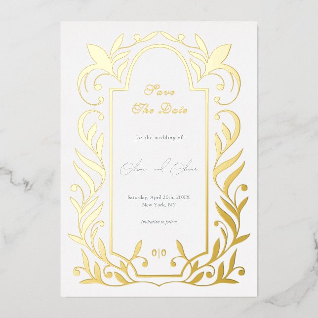 Green Leaves Wedding Save The Date Foil Invitation (Front)