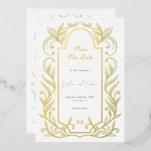 Green Leaves Wedding Save The Date Foil Invitation