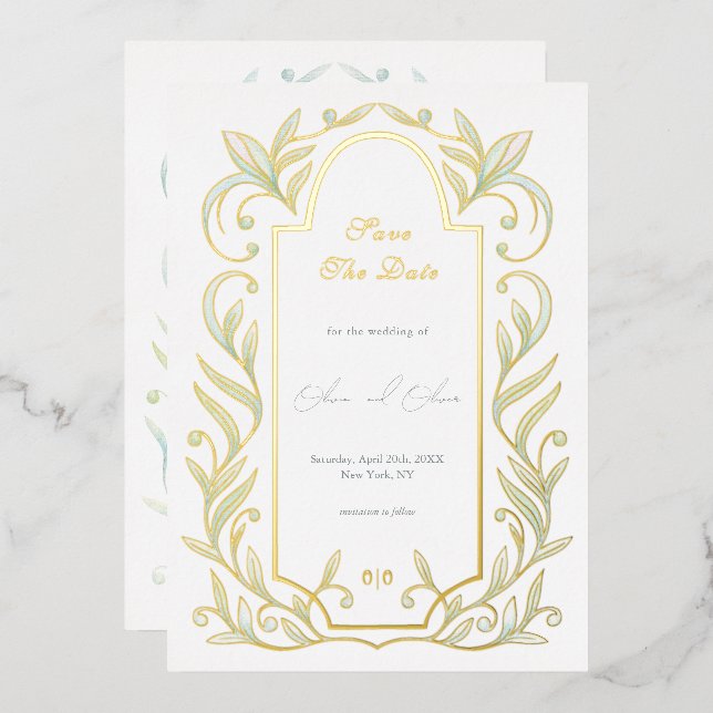 Green Leaves Wedding Save The Date Foil Invitation (Front/Back)