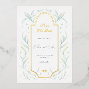 Green Leaves Wedding Save The Date Foil Invitation