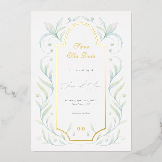 Green Leaves Wedding Save The Date Foil Invitation (Front)