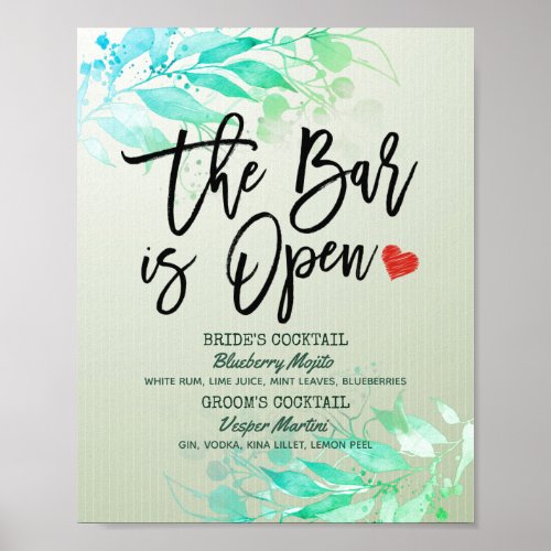 Green Leaves Wedding The Bar is Open Drink Menu Poster