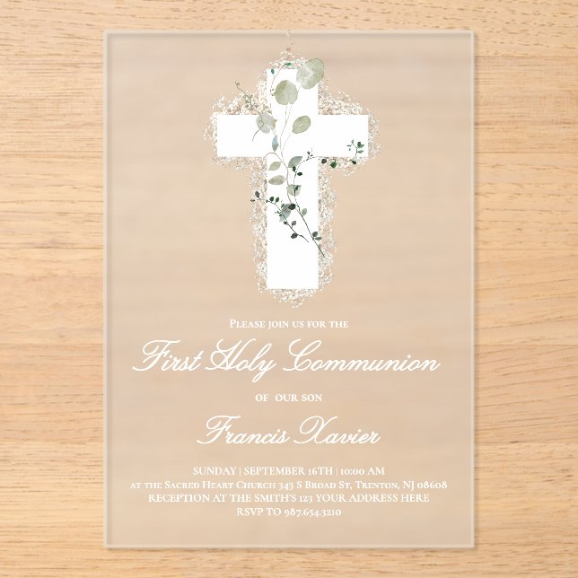 green leaves white cross First Holy Communion Acrylic Invitations (Front)