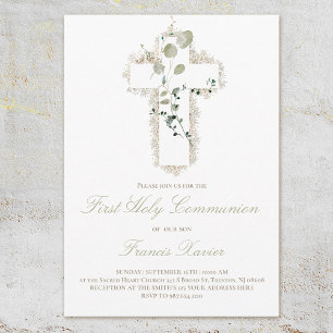 green leaves white cross First Holy Communion Invitation