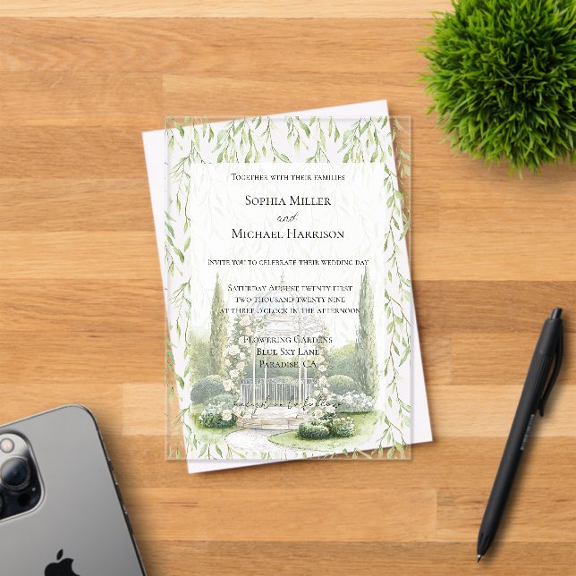 Green Leaves White Floral Love Wedding Acrylic Invitations (Insitu (Invitation Card))