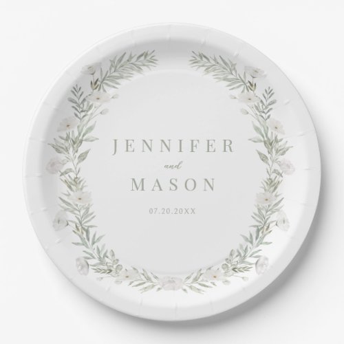 Green leaves white flower wedding paper plates