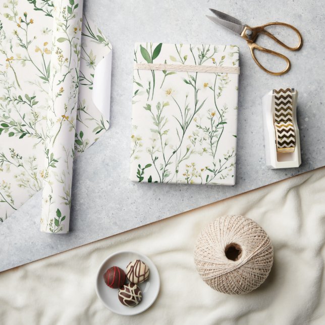 Green Leaves White Flowers Birthday Wrapping Paper (Crafts)