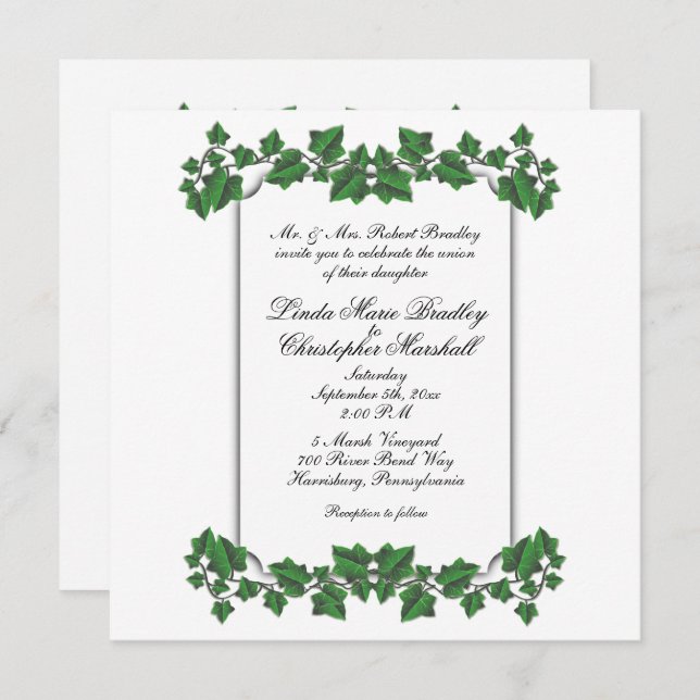 Green Leaves White Wedding Invitation (Front/Back)