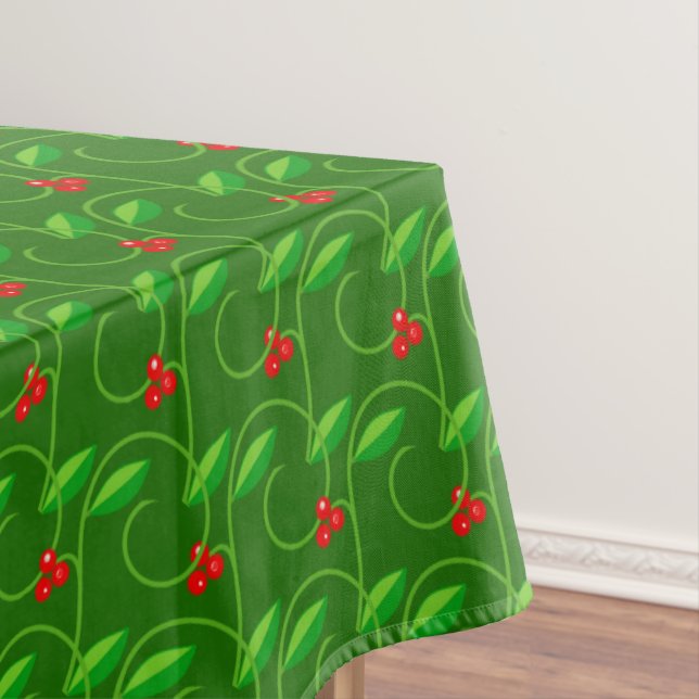 Green Leaves with Little Red Wild Berries on Green Tablecloth (In Situ)