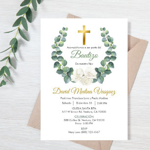 Green Leaves Wreath Baptism Invitation in spanish
