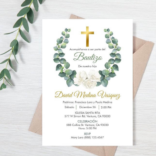 Green Leaves Wreath Baptism Invitation in spanish (Creator Uploaded)