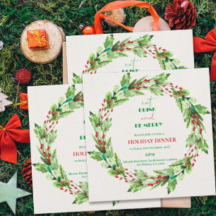 Green Leaves Wreath Christmas Party Invitation