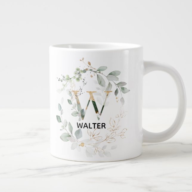 Green Leaves Wreath Monogram Initial W Letter Giant Coffee Mug (Right)